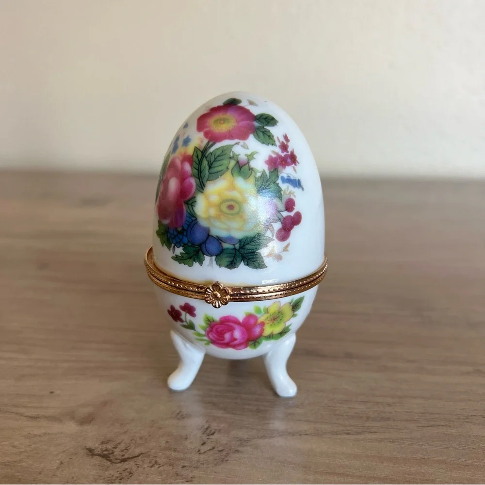 Vintage Porcelain Egg Trinket Box Jewelry Holder Floral Hinged Decor